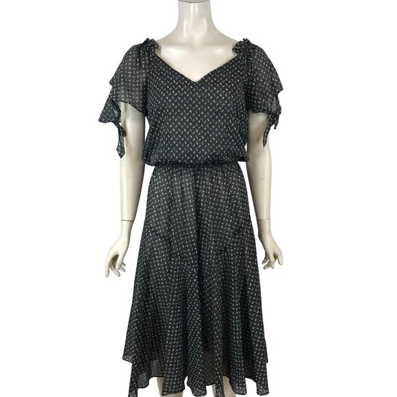 Vintage Dresses & Skirts - VINTAGE BLACK FLORAL SHORT SLEEVE V NECK FIT & FLARE SHEER DRESS W/BELT WOMENS